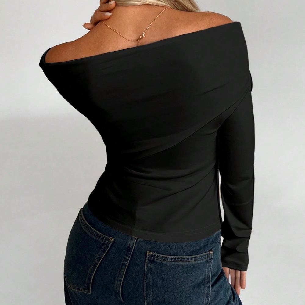 Solid Ruched Off Shoulder Fitted Long Sleeve Top - Picture 4 of 10